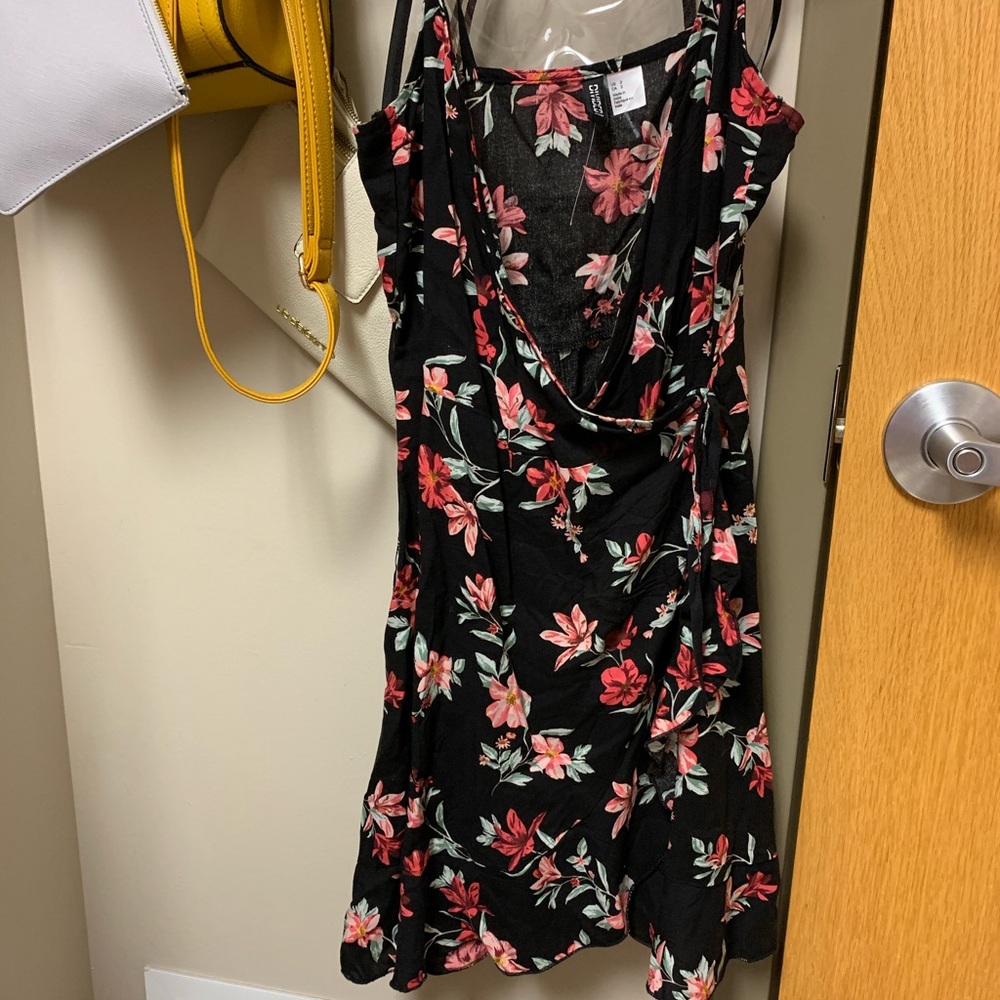 Black floral wrap dress